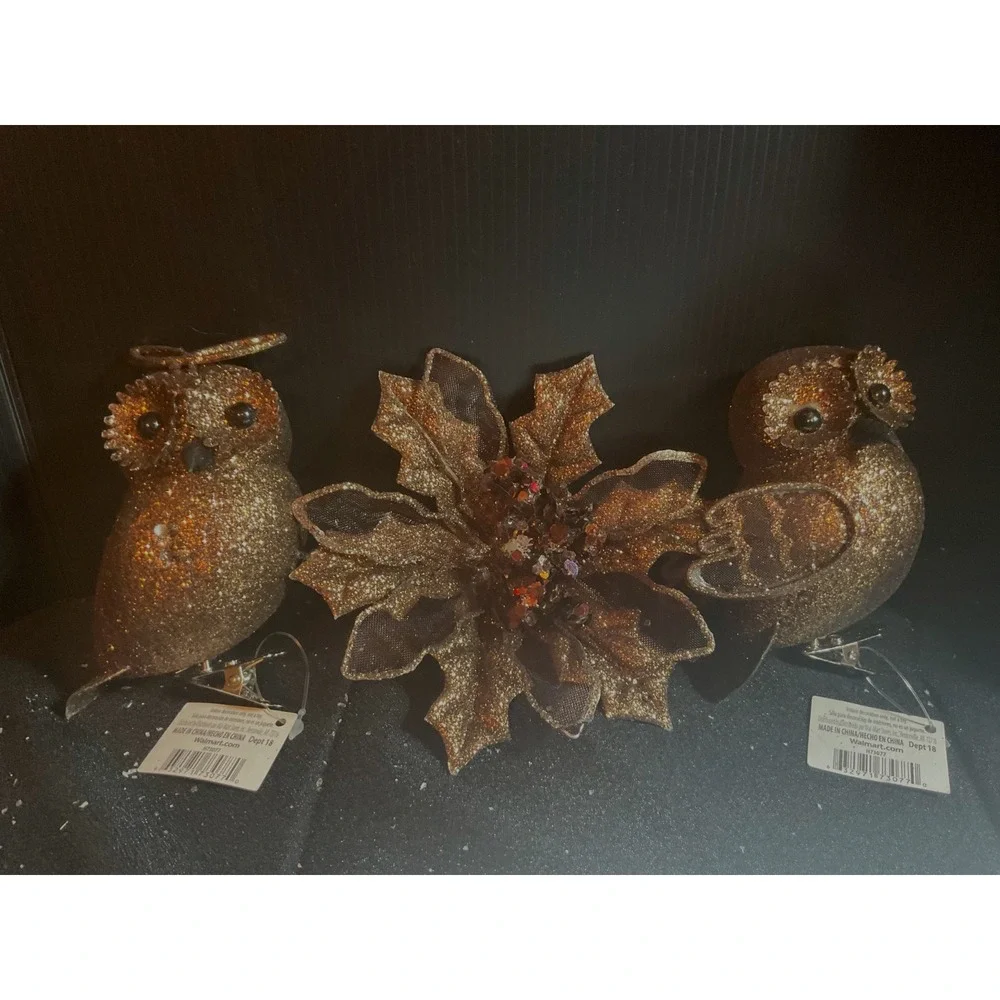 3 pieces 2 Bronze glitter Owls & 1 Floral Poinsettia Clip-on Ornaments